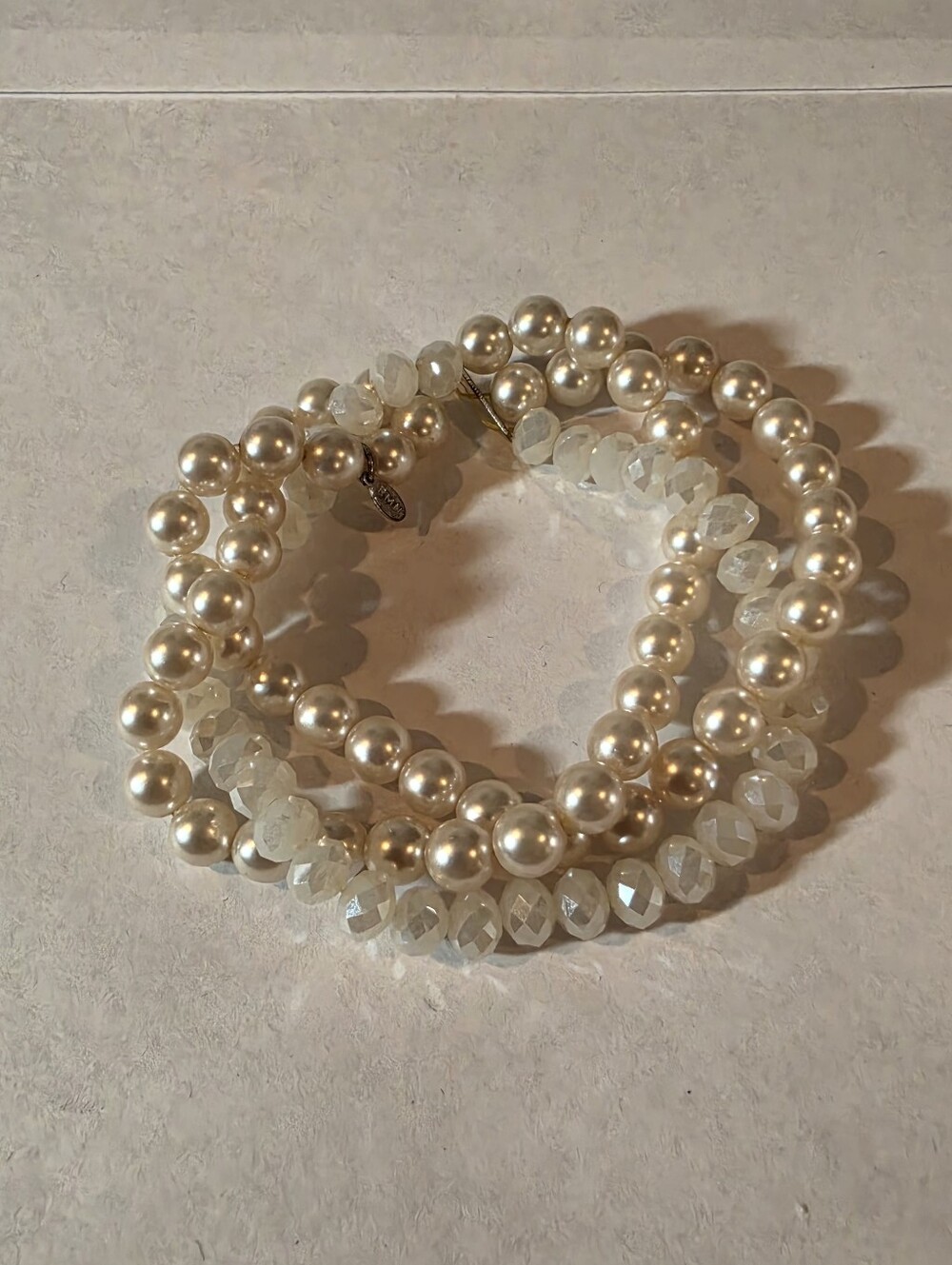 Classic Pearl and Faceted Crystal Stretch 3 Strand Bracelet - Cream